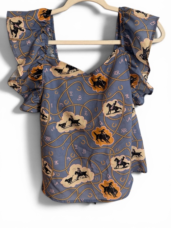 2 Fly Co. Tops - Women's Slate Blue Equestrian Print Ruffle Tank Top